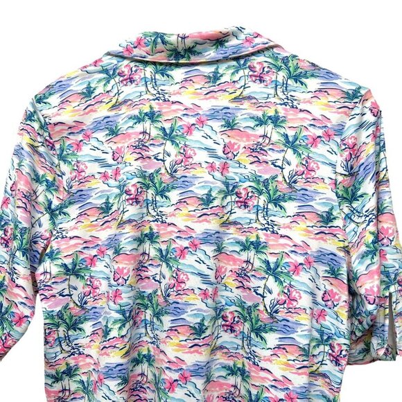 STELLA PARKER Polo Top Medium Pink Palms Print Short Sleeve Stretch Jersey Golf - Picture 3 of 9